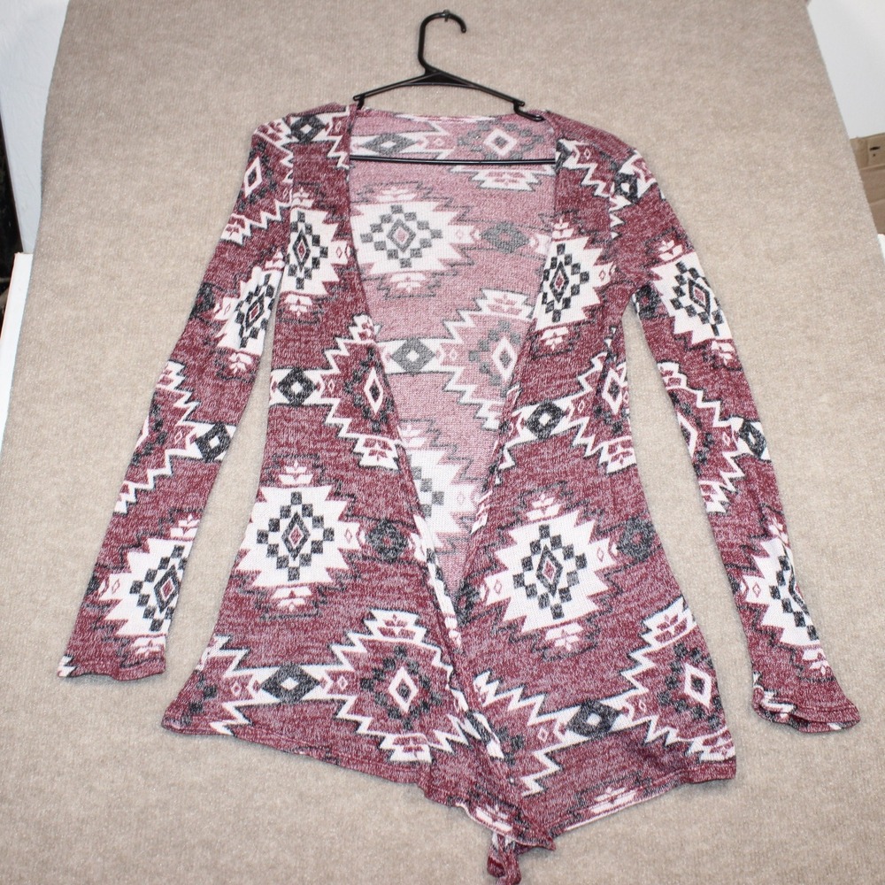 Justice Girls Burgundy Southwestern Tribal Print Open Front Cardigan Size 14